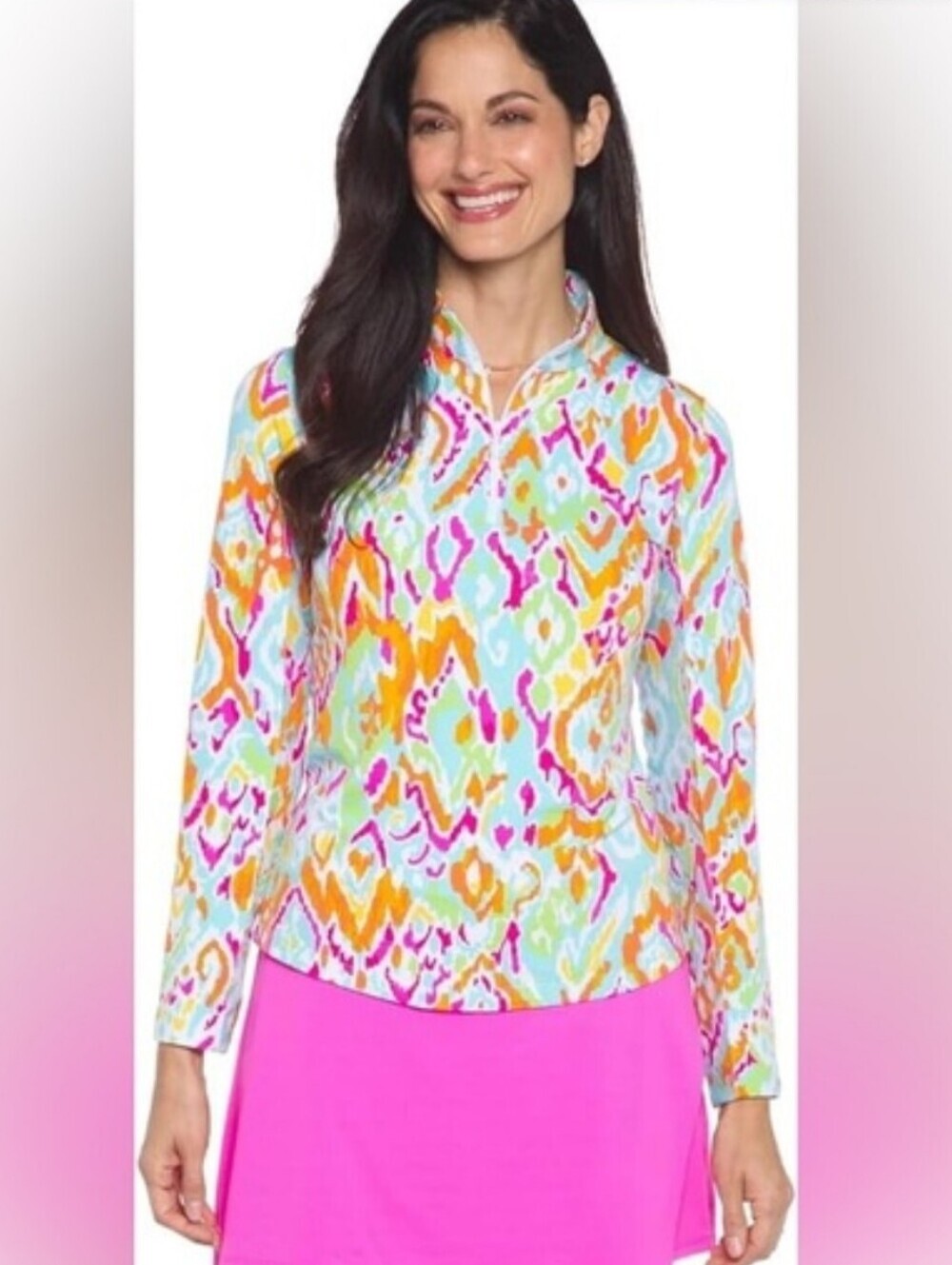 IBKUL Tillie Polo Top Seafoam Multi Color Quarter Zip Long Sleeve XL Golf Tennis